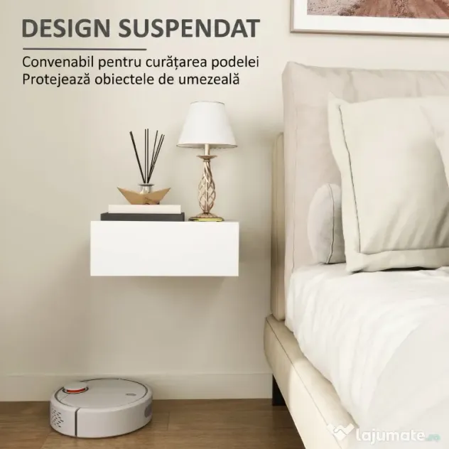 HOMCOM Noptier Suspendat Modern cu Sertar, din Lemn, 40x30x15 cm, Alb