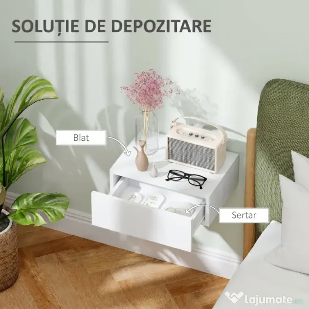 HOMCOM Noptier Suspendat Modern cu Sertar, din Lemn, 40x30x15 cm, Alb