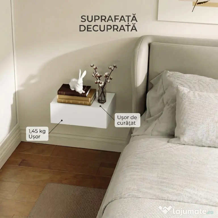 HOMCOM Noptier Suspendat Modern cu Sertar, din Lemn, 40x30x15 cm, Alb