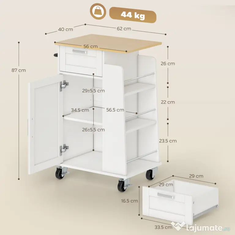 HOMCOM Cărucior de Bucătărie cu Sertar, Dulap, Suport pentru Prosoape și 3 Suporturi pentru Condimente, din Lemn, 62x40x87 cm, Alb