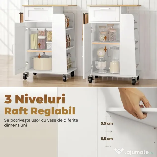 HOMCOM Cărucior de Bucătărie cu Sertar, Dulap, Suport pentru Prosoape și 3 Suporturi pentru Condimente, din Lemn, 62x40x87 cm, Alb