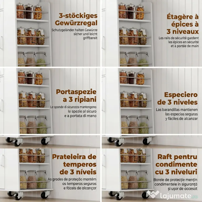 HOMCOM Cărucior de Bucătărie cu Sertar, Dulap, Suport pentru Prosoape și 3 Suporturi pentru Condimente, din Lemn, 62x40x87 cm, Alb
