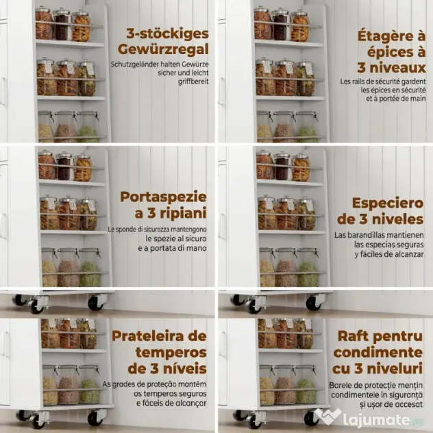 HOMCOM Cărucior de Bucătărie cu Sertar, Dulap, Suport pentru Prosoape și 3 Suporturi pentru Condimente, din Lemn, 62x40x87 cm, Alb