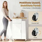HOMCOM Cărucior de Bucătărie cu Sertar, Dulap, Suport pentru Prosoape și 3 Suporturi pentru Condimente, din Lemn, 62x40x87 cm, Alb