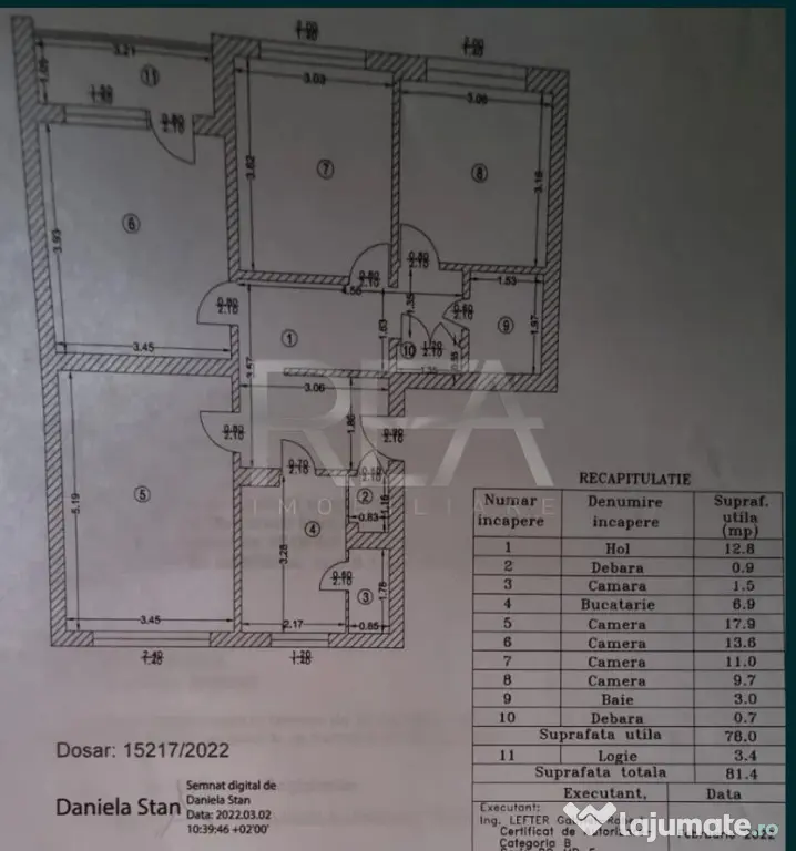 4 camere decomandat, 78 mp, etaj 1/4, boxă 10 mp – proiec