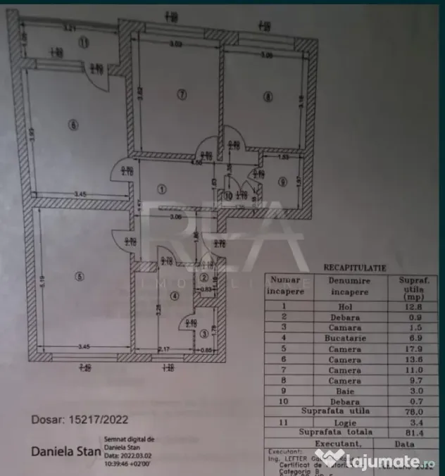 4 camere decomandat, 78 mp, etaj 1/4, boxă 10 mp – proiec