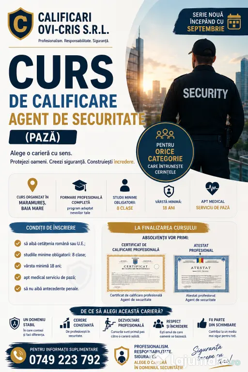 CURS Calificare profesională- Agent de securitate(pază) Baia Mare- certificat