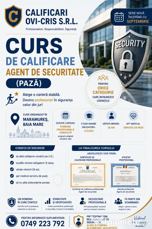 CURS Calificare profesională- Agent de securitate(pază) Baia Mare- certificat
