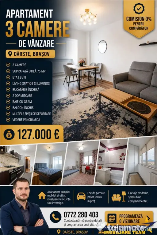 Apartament de 3 camere mobilat si utilat modern, structura d