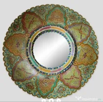 Oglinda Indiana Rotunda cu Rama Pictata din Lemn de Mango – Decor Oriental