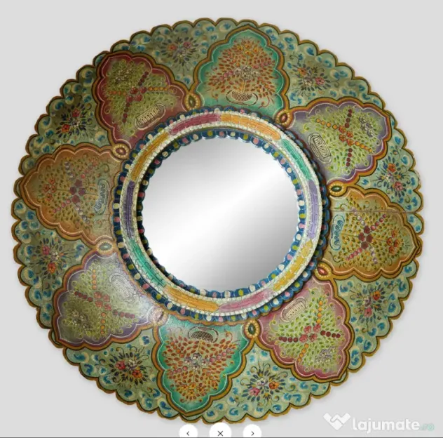 Oglinda Indiana Rotunda cu Rama Pictata din Lemn de Mango – Decor Oriental
