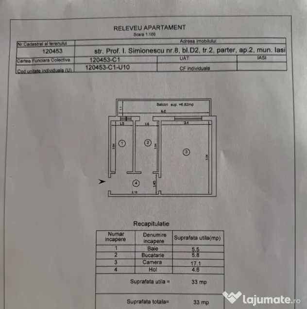 Apartament o camera Dacia, parter, 33mp+balcon 7mp - Iasi (Iasi)