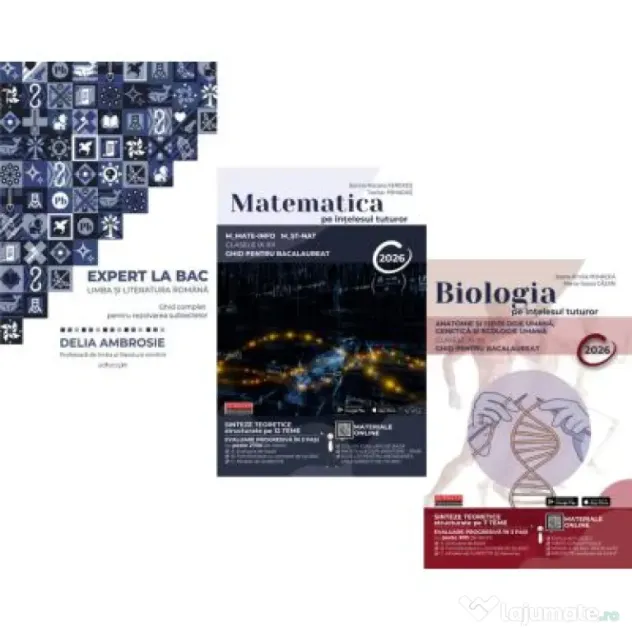 Pachet Bacalaureat 2026. Ghid complet Limba si literatura romana, Matematica pe intelesul tuturor M-mate-info, M-stiintele naturii si Biologia pe inte
