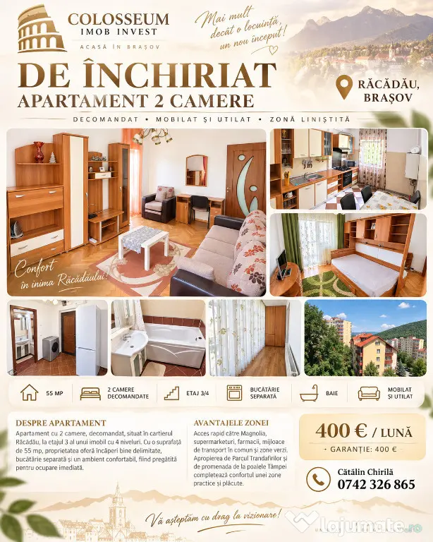 Apartament de inchiriat | Etaj 3/4 | 2 camere | Zona Racadau - Brasov (Brasov)