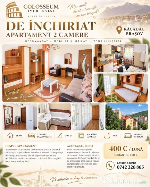 Apartament de inchiriat | Etaj 3/4 | 2 camere | Zona Racadau - Brasov (Brasov)