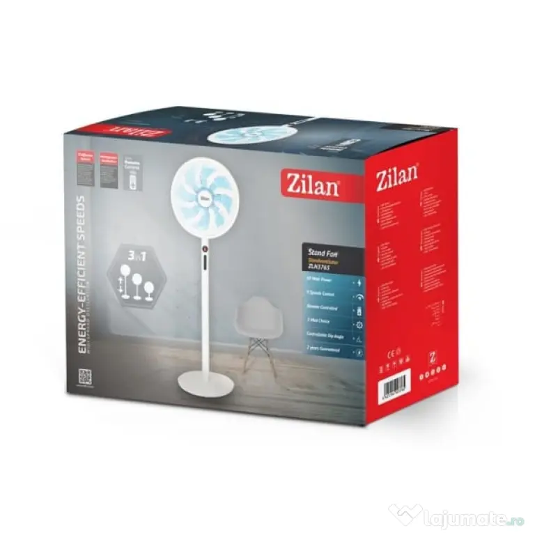Ventilator cu picior, 3 in 1, 9 trepte de viteza, putere 60W, oscilatie orizontala ZILAN / ZLN 3765