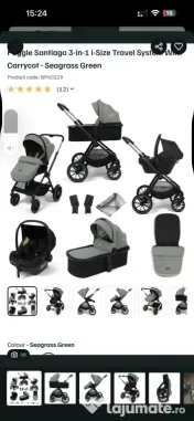 carucior 3 in 1 NOU din bumbac verde pal 