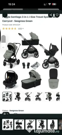 carucior 3 in 1 NOU din bumbac verde pal 