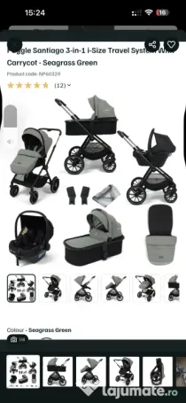 Carucior 3 in 1 nou din bumbac verde pal