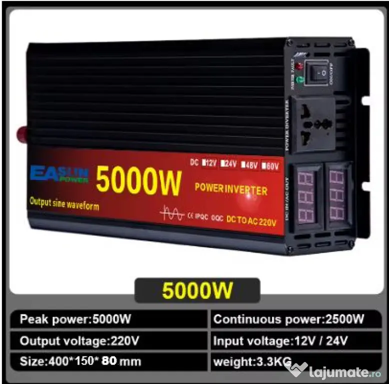 Invertor Easun 5000W/4000/3000W 24V DC -220V, Sinus pur