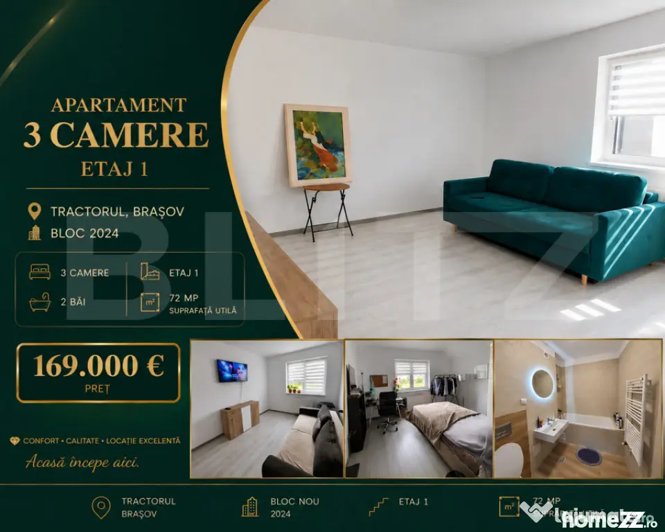 Apartament de 3 camere | Tractorul | Etaj 1 | Parcare inclus