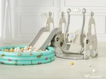 Ansamblu de joaca cu leagan, tobogan, piscina cu bile, cos baschet Gri