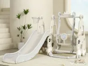 Ansamblu de joaca cu leagan, tobogan, piscina cu bile, cos baschet Gri 