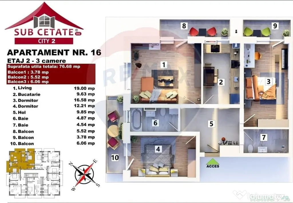 Apartament 3 Camere de Vânzare în Subcetate City 2, Sâ...