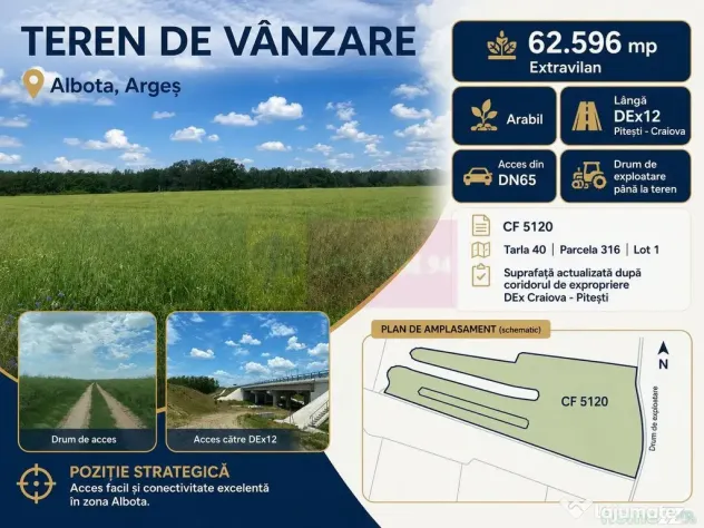 6,26 ha lângă DEx12 Pitești | 2,95 €/mp | acces DJ P...