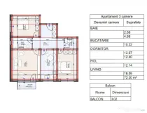 Apartament 3 camere, 2 bai , 72 mp + 3 mp terasa