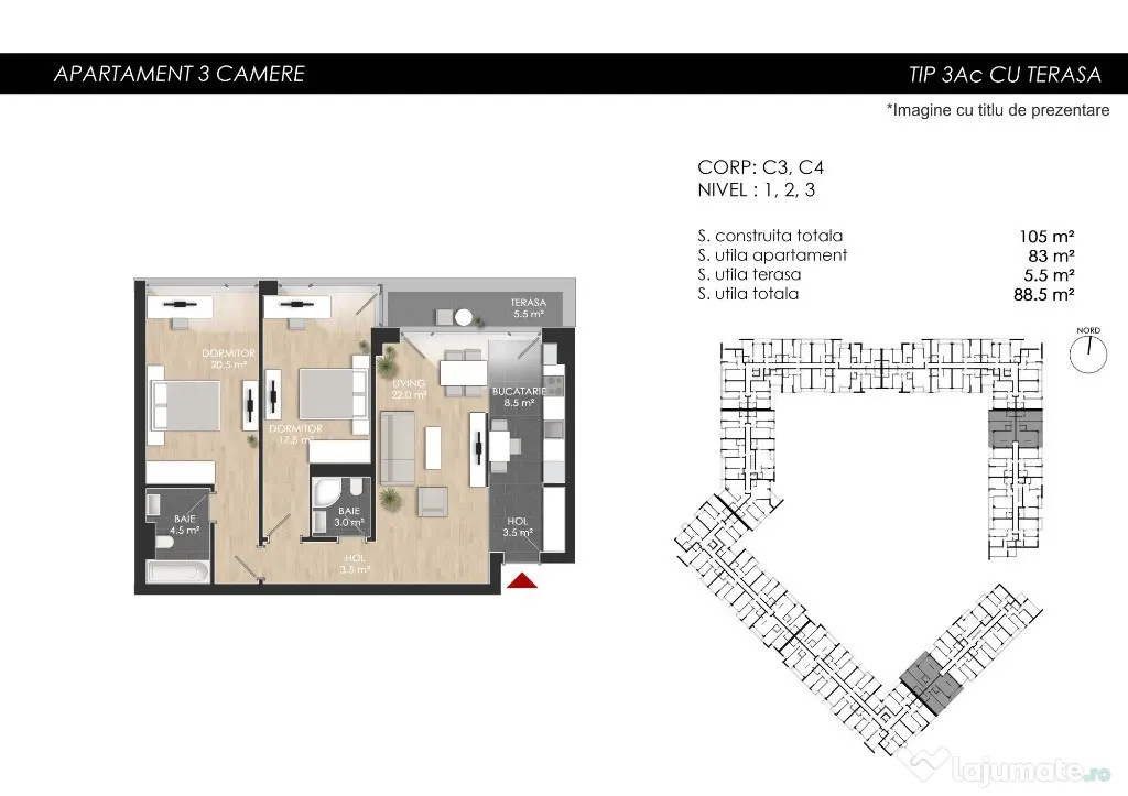 3 camere: 88 mp S.utilă totală – Etaj 1/4–Zona Mall Colosseum/Sect.1