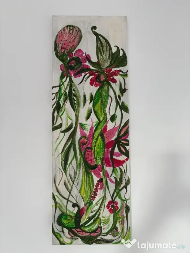 Tablou original acrilic 20x60 cm – Compoziție florală abstractă