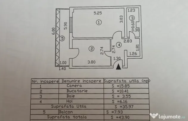 - Apartament 1 camera (suprafata totala 44 mp), Vidin, parte