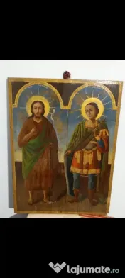 Icoană veche pe lemn, Sfântul Ioan Botezătorul și Sfântul Mare Mucenic Dimitrie, Izvorâtorul de mir
