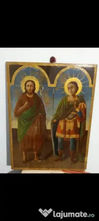 Icoană veche pe lemn, Sfântul Ioan Botezătorul și Sfântul Mare Mucenic Dimitrie, Izvorâtorul de mir