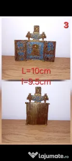 Icoană Ortodoxă, Triptic din Bronz cu Email,  sec. XIX  - început sec. XX,  piesă veche de colecție