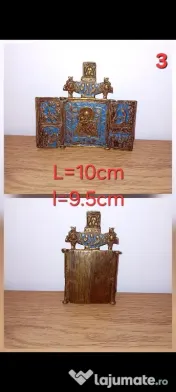 Icoană Ortodoxă, Triptic din Bronz cu Email, sec. XIX - început sec. XX, piesă veche de colecție
