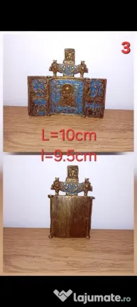 Icoană Ortodoxă, Triptic din Bronz cu Email,  sec. XIX  - început sec. XX,  piesă veche de colecție 