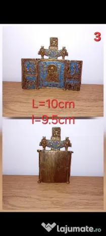 Icoană Ortodoxă, Triptic din Bronz cu Email, sec. XIX - început sec. XX, piesă veche de colecție