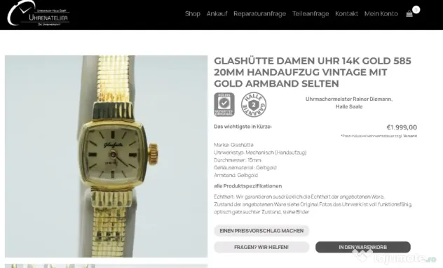 Ceas aur dama Glasshotte, Unisex Frederique Constant, Slava de masa