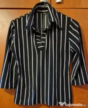 Bluza dama negru cu dungi albe, guler în V distinctiv, M