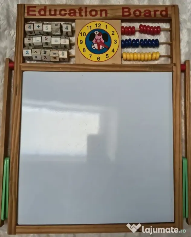 Tabla Educativa 2 in 1 din Lemn – Abac, Ceas si 2 Fete (Creta/Marker) - Ca Noua!