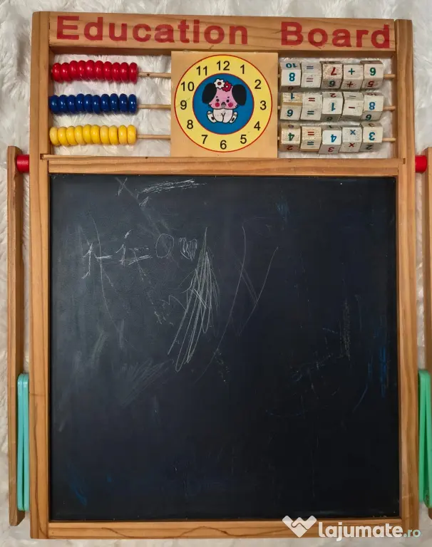 Tabla Educativa 2 in 1 din Lemn – Abac, Ceas si 2 Fete (Creta/Marker) - Ca Noua!