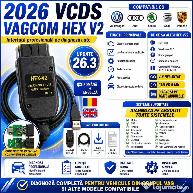 Tester diagnoza VCDS HEX CAN V2 26.3 OBD2 VW Audi Skoda Seat Romana Engleza