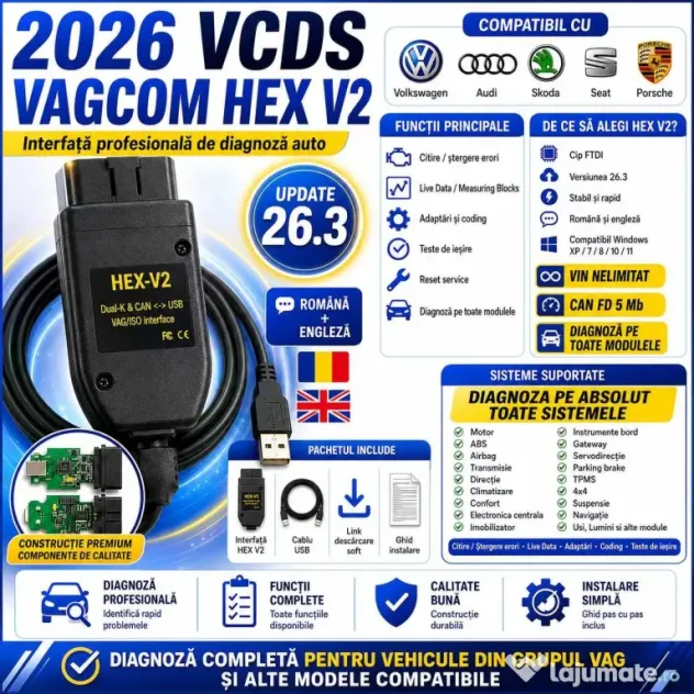 Tester diagnoza VCDS HEX CAN V2 26.3 OBD2 VW Audi Skoda Seat Romana Engleza
