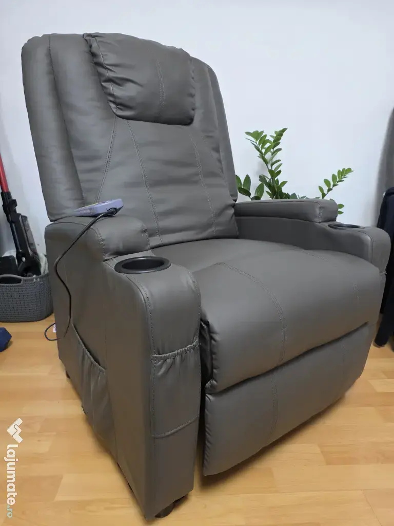 Set 2 fotolii recliner si masaj piele ecologica gri