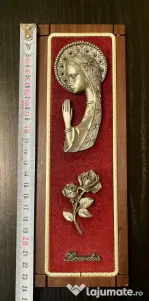 Placă religioasă devotală vintage cu Maica Domnului de la Lourdes