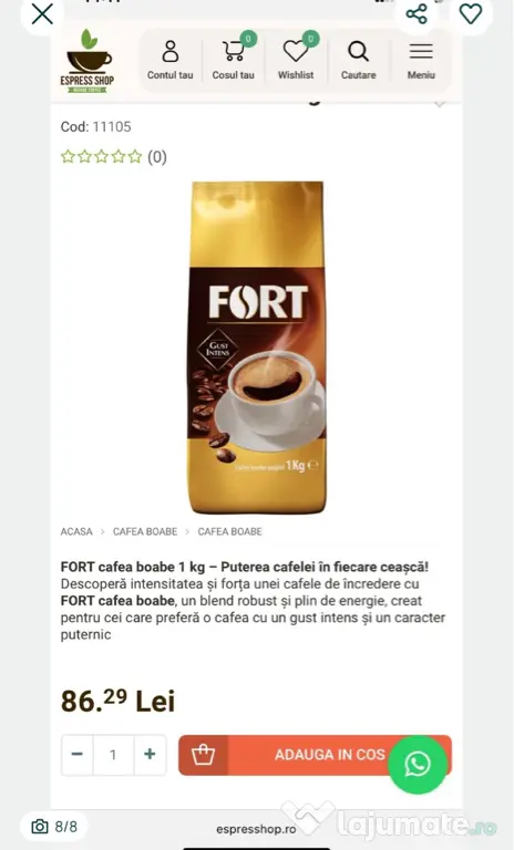 Cafea boabe, Fort, 100% Robusta, 1 kg (stoc 5 kg)