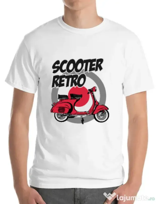 Tricou personalizat barbat SCOOTER RETRO RED COLOR Alb