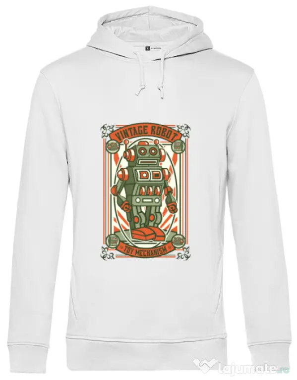 Hoodie barbat cu gluga Vintage Robot Alb